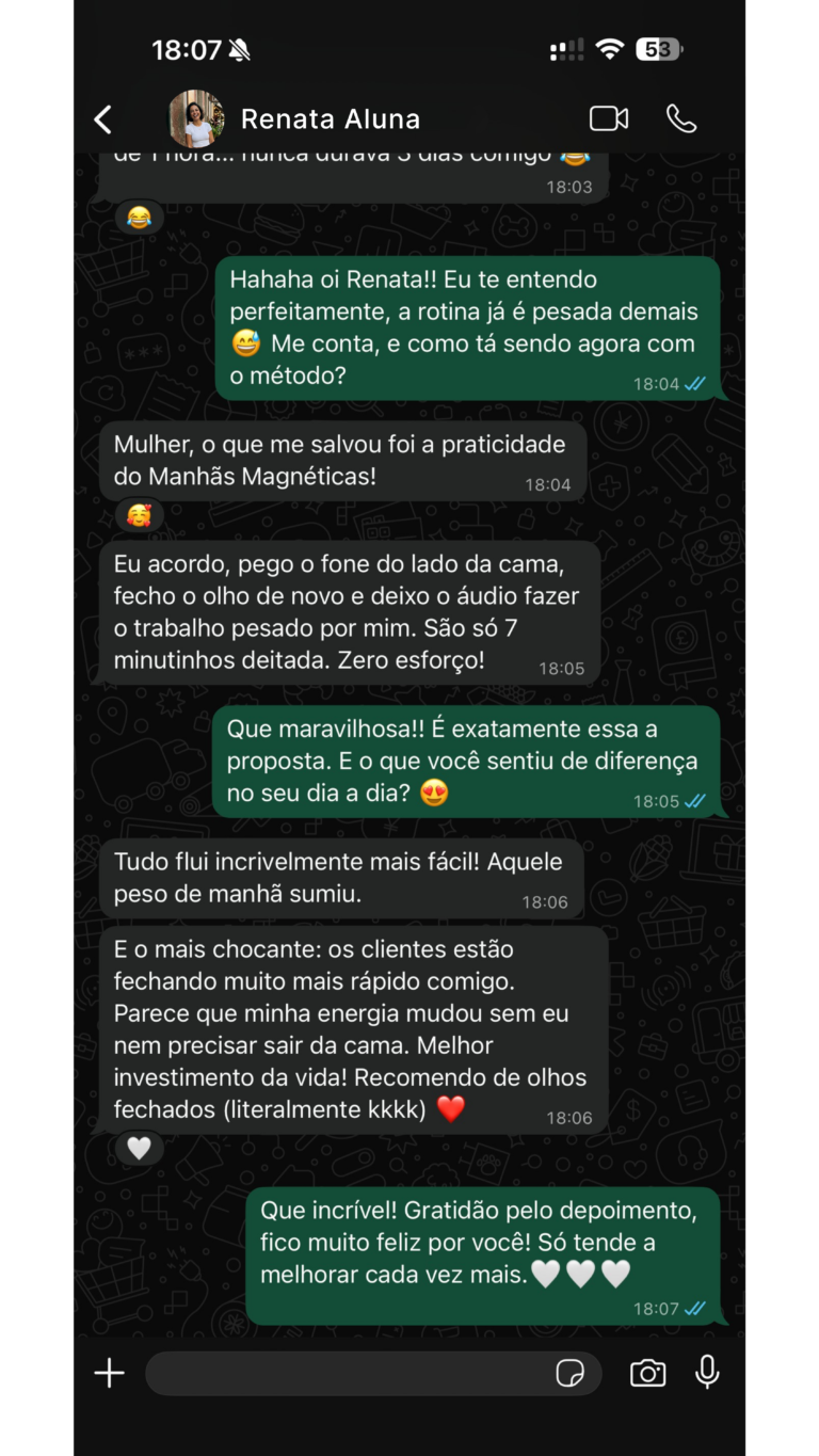 "7 minutinhos deitada e o áudio faz o trabalho pesado por mim. Aquele peso de manhã sumiu — e os clientes começaram a fechar muito mais rápido."