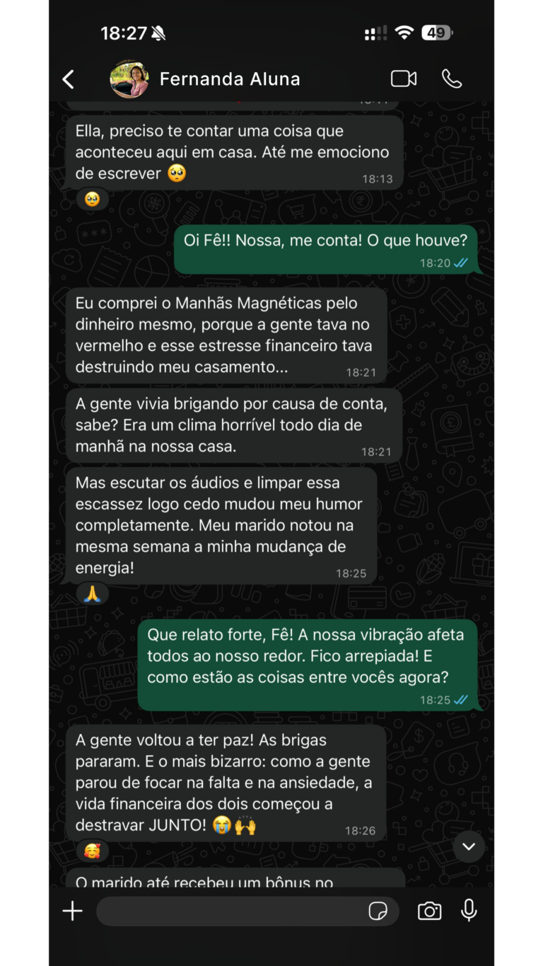 "Meu marido notou minha mudança de energia na mesma semana. As brigas pararam, a vida financeira dos dois destravou junto. Esse método salvou meu casamento."